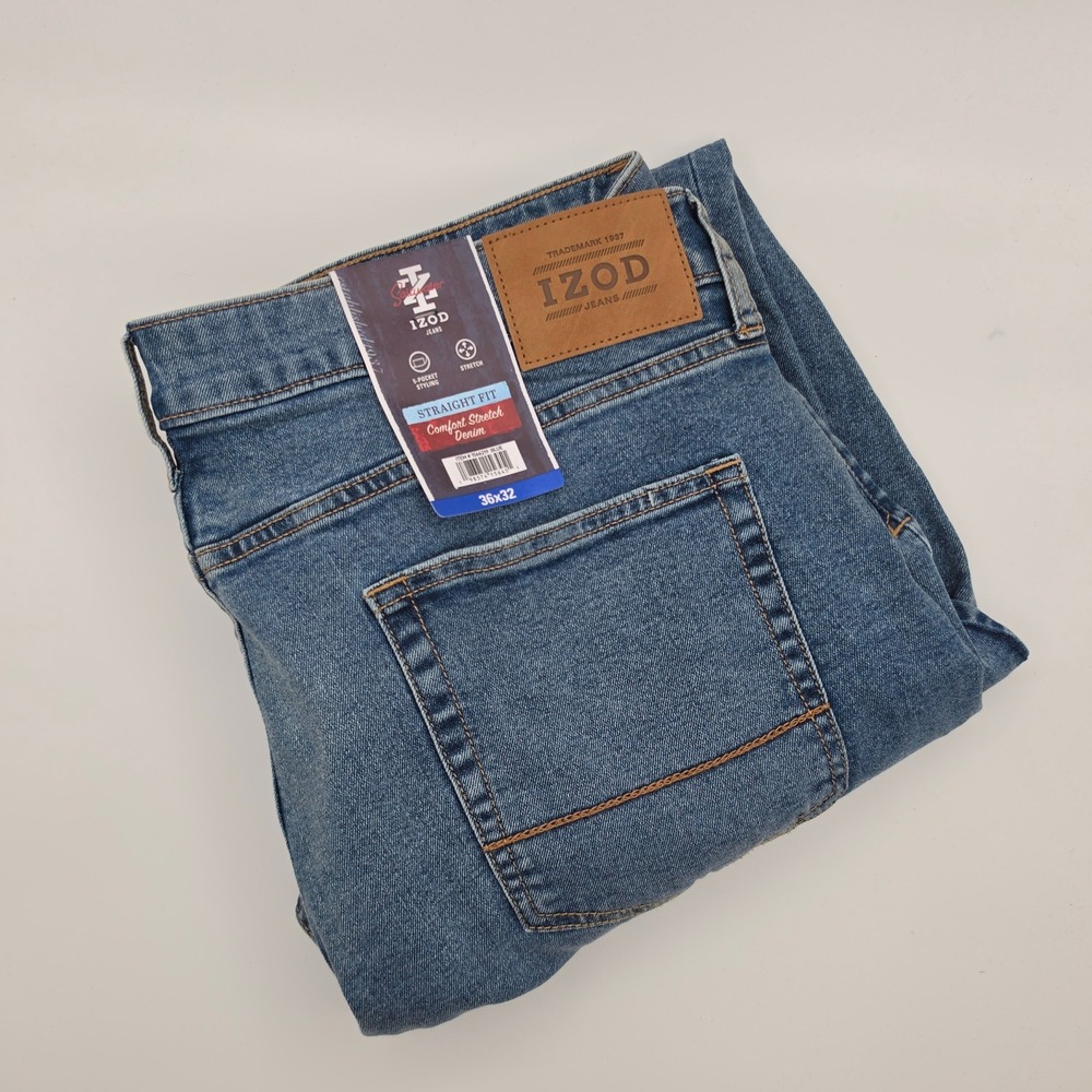 IZOD Straight Fit Jeans Mens 36x32 Blue NEW Comfort Stretch Denim 5-Pocket